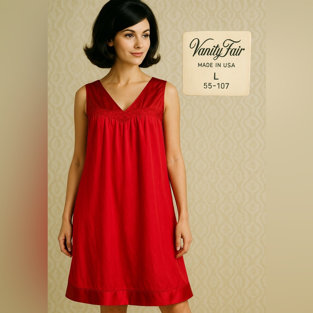 Vintage Vanity Fair Red Nylon Nightgown L Satin Lace USA